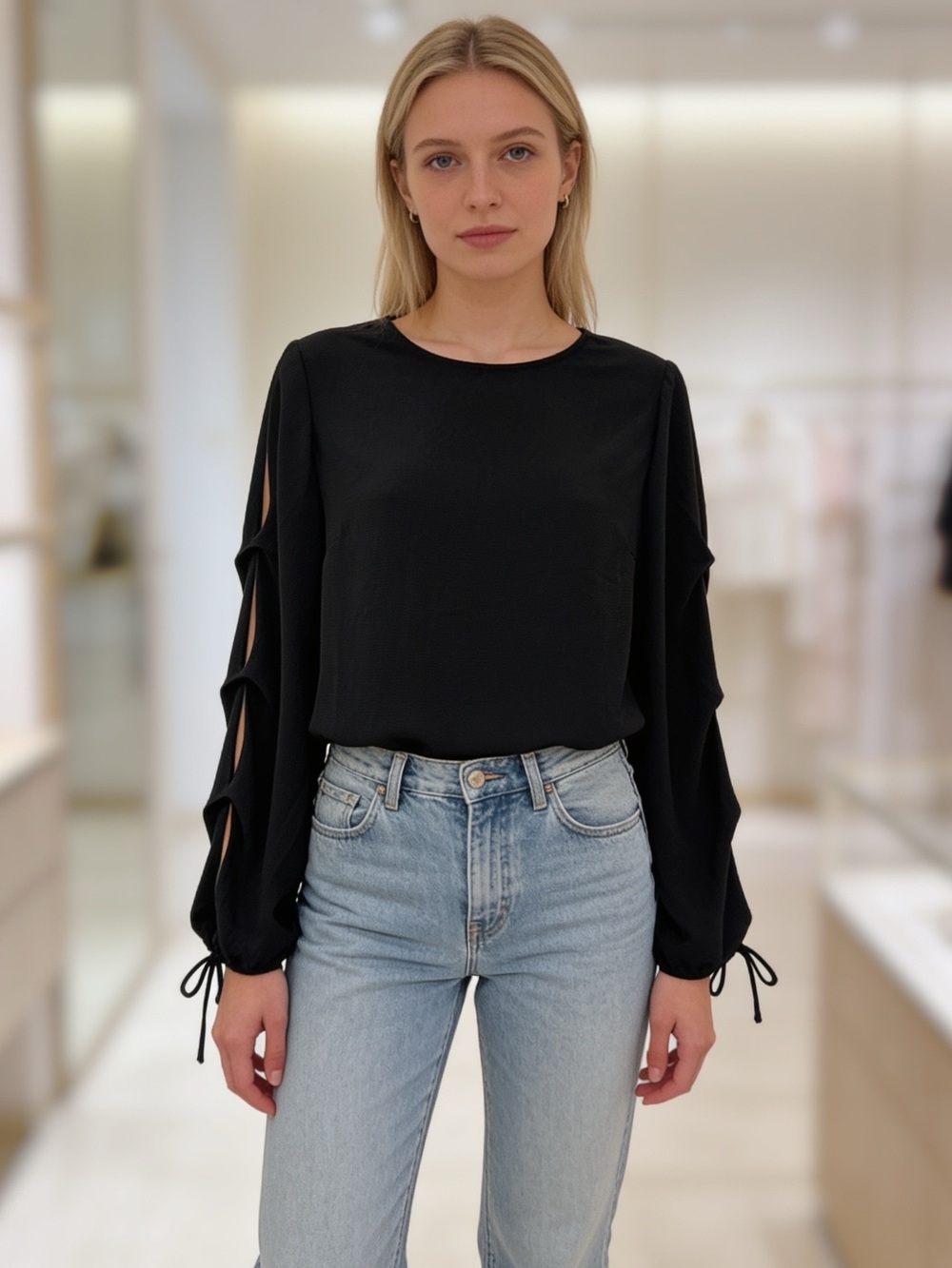 NWT Vince Camuto Black Balloon Sleeve Blouse XS Tie Cuff Long Sleeve Top